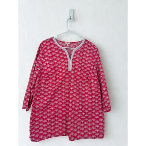 Talbots 2XL Embroidered Collar Boho Printed Split Neck Long Sleeve Cotton Top